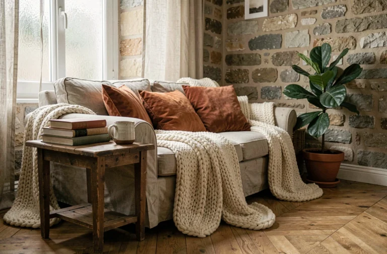 Coin salon cosy avec canapé en lin, plaids en laine chunky et coussins velours dans un appartement parisien au parquet en chêne