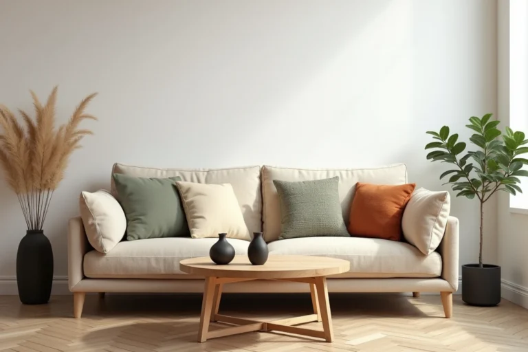 Salon scandinave minimaliste avec canapé en lin beige, coussins texturés et table basse en chêne pour une décoration intérieure tendance