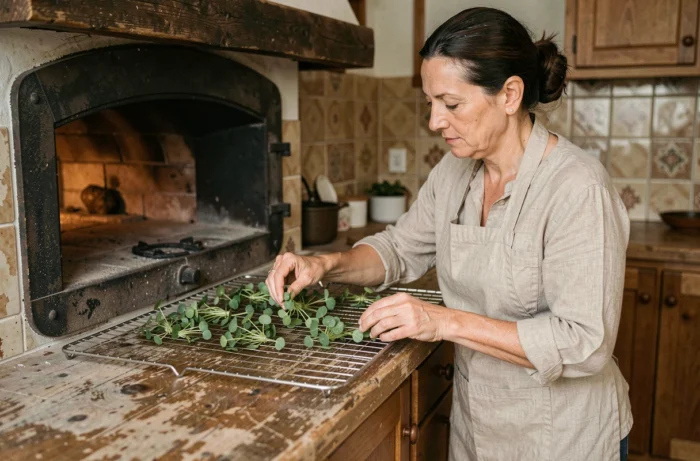 Femme étalant des feuilles de pourpier sur un séchoir à basse température pour obtenir une poudre de longue conservation