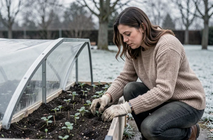 Femme soignant des semis de pourpier sous un abri froid dans un jardin hivernal pour une récolte fraîche en hiver