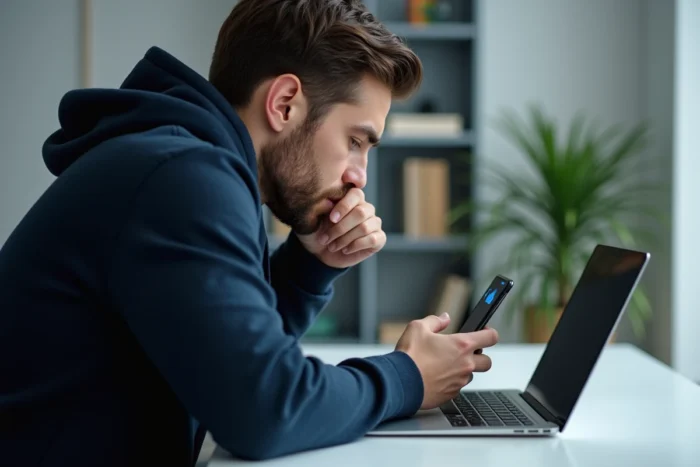 Homme assis à son bureau consultant un snap en attente non ouvert sur Snapchat