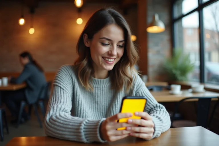Jeune femme regardant une notification Snapchat non ouverte sur son smartphone dans un café