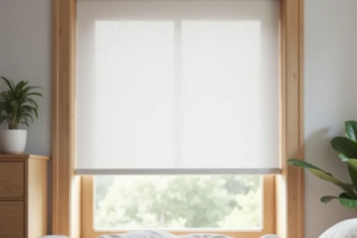 Store enrouleur occultant blanc ajusté précisément à l'intérieur d'un cadre de fenêtre en bois dans une chambre scandinave