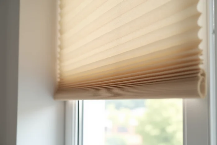 Store plissé occultant sans perçage installé dans l'encadrement d'une fenêtre d'appartement en location