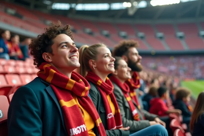 Groupe de supporters enthousiastes dans un stade regardant un événement sportif en direct