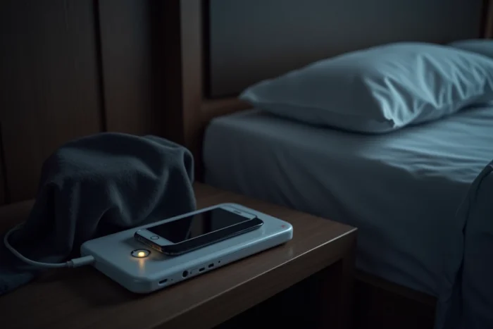 Table de nuit avec sources lumineuses intérieures supprimées : chargeur débranché, radio couverte et voyants cachés