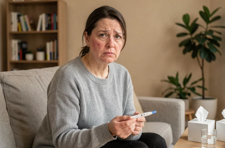 Femme fatiguée tenant un thermomètre sur un canapé, illustrant les symptômes de la Covid en 2026