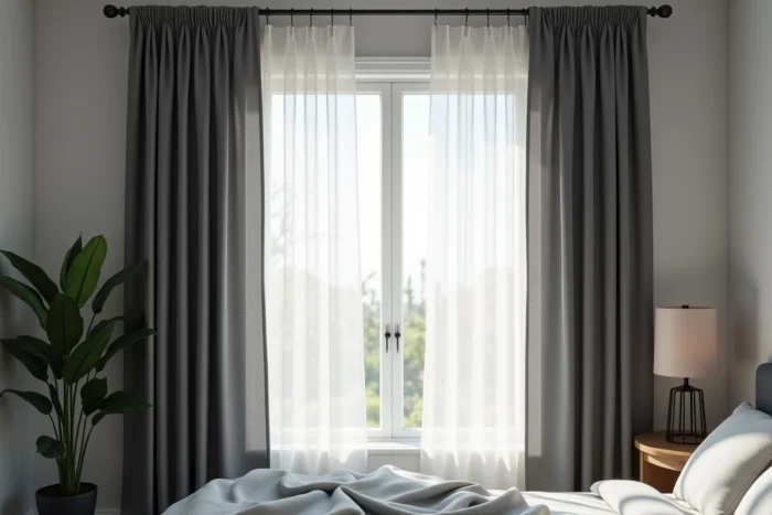 Fenêtre habillée d'un système double couche avec voilage transparent et panneau de rideau dense occultant