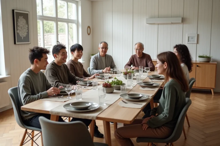 Grande table rectangulaire de 8 personnes dans une salle à manger scandinave avec parquet en chêne et vaisselle en céramique