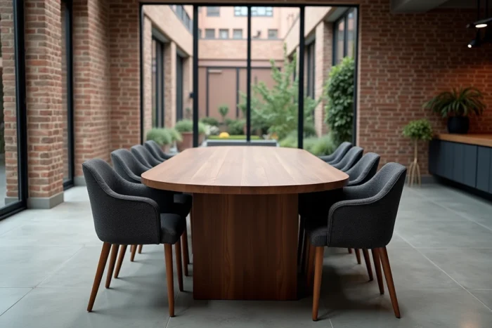 Table ovale en noyer massif pour 8 personnes dans un espace ouvert industriel avec murs en briques et sol en béton