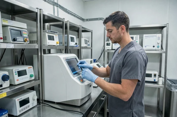Technicien biomédical en train de calibrer un équipement médical diagnostique dans un laboratoire clinique