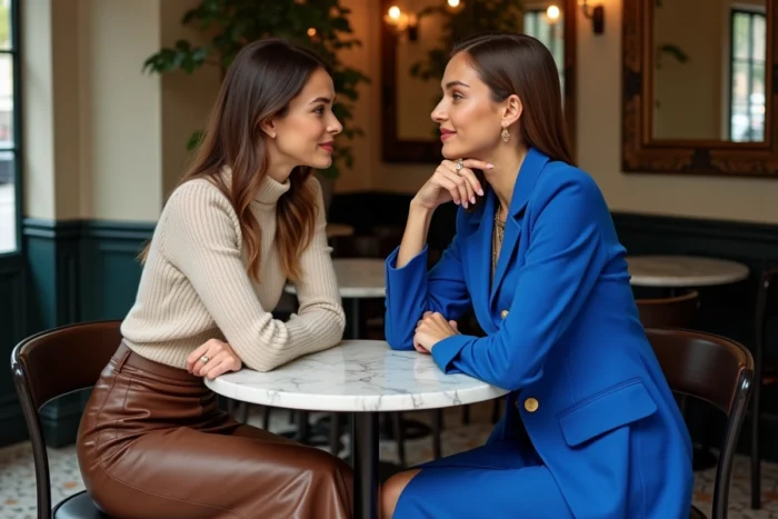 Deux femmes aux tenues tendance saison assises dans un café parisien chic, jupe en simili cuir marron et robe blazer bleue cobalt, style mode féminine contemporaine