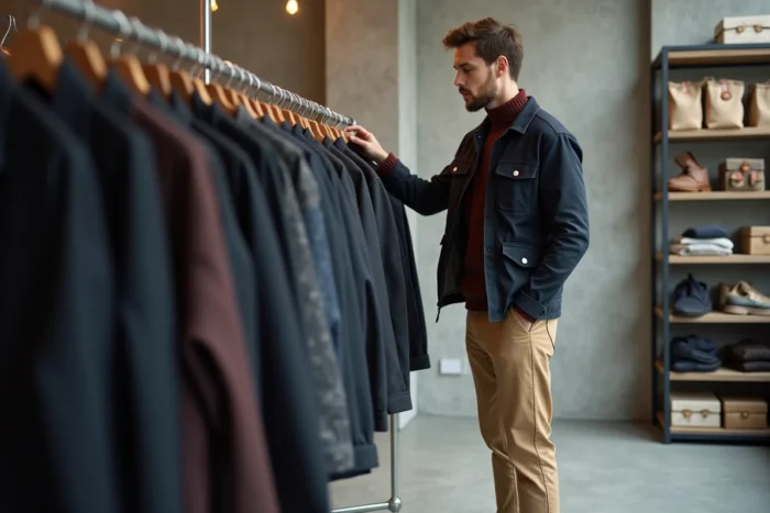 Homme en veste utilitaire marine et pull bordeaux explorant des vêtements vintage dans un concept store minimaliste aux murs en béton, mode homme tendance