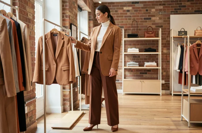 Femme élégante en blazer camel et pantalon large dans une boutique de mode parisienne, tendances automne-hiver