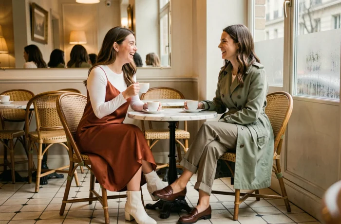 Deux femmes tendance en tenues mode automnales dans un café parisien, look satin et trench coat saison