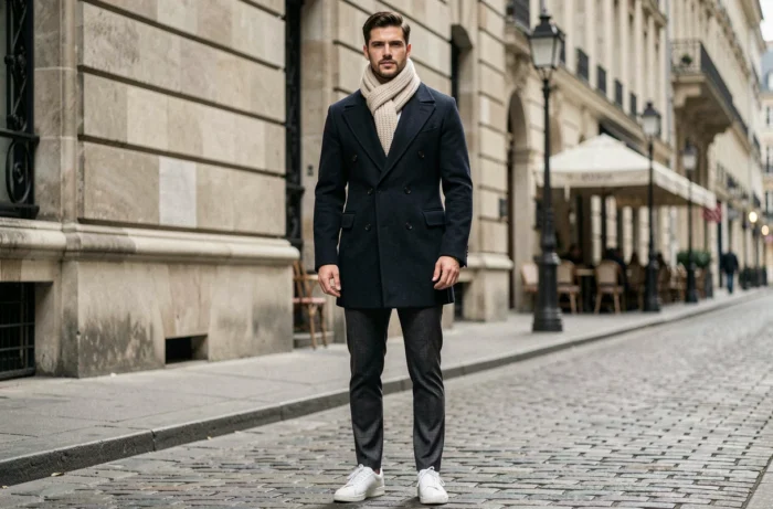 Homme stylé en manteau marine et écharpe crème dans une rue pavée européenne, look mode automne tendance