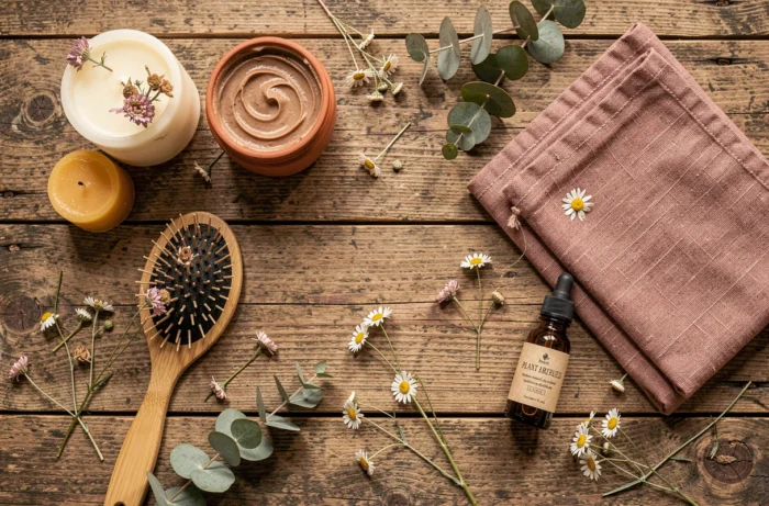 Flat-lay de produits naturels et éco-responsables sur une table en chêne brut incluant bougies, brosse en bambou et sérum végétal