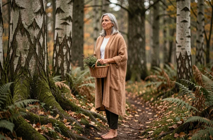 Femme mature aux cheveux naturels en cardigan de chanvre portant un panier d'herbes dans une forêt de hêtres aux couleurs automnales