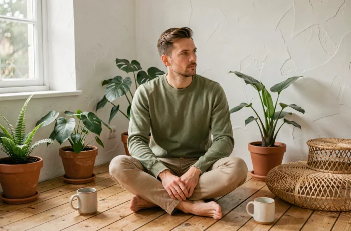 Homme en pull en coton biologique vert sauge assis dans un appartement minimaliste aux tons naturels avec plantes et accessoires en rotin