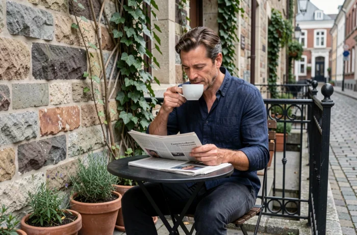 Homme prenant son café sur la terrasse pittoresque d'une maison d'hôtes à Bruxelles avec pavés et murs en pierre ancienne