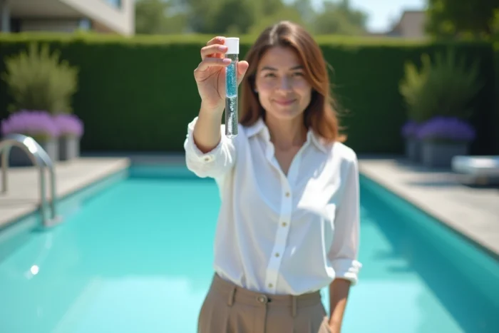 Femme vérifiant la qualité de l'eau cristalline après remplacement du verre de filtration piscine