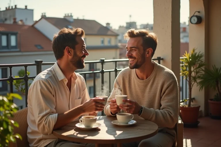 Deux hommes partageant un moment de complicité sur un balcon citadin au petit matin avec café et plantes