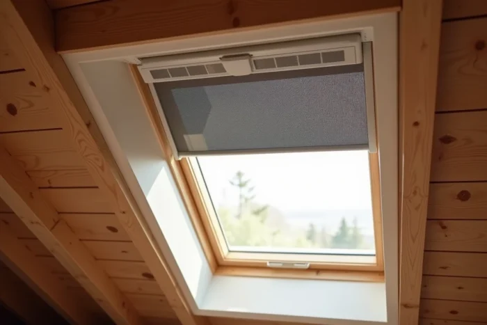 Store enrouleur occultant solaire installé sur une fenêtre de toit Velux dans une chambre sous les combles