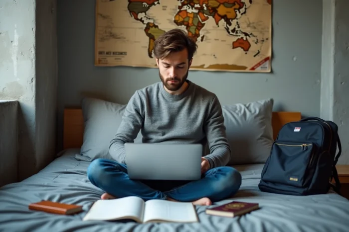 Voyageur solo planifiant son itinéraire unique sur un ordinateur portable dans une chambre d'auberge, entouré de son passeport et de notes manuscrites