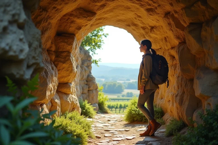 Voyageuse explorant une habitation troglodyte en tuffeau dans la vallée de la Loire, France