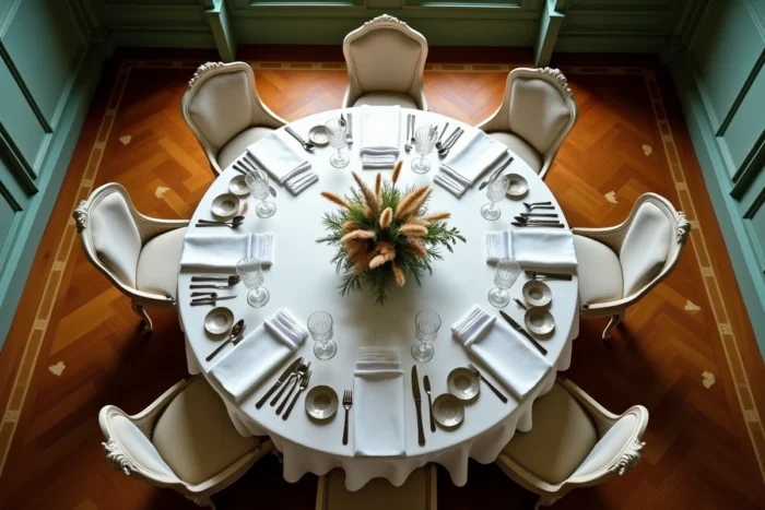 Vue aérienne d'une table ronde dressée pour 8 personnes dans une salle à manger bourgeoise française avec boiseries vert sauge et parquet Versailles