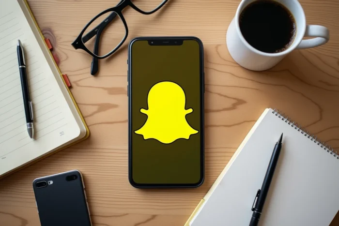 Vue de dessus d'un smartphone avec un snap non ouvert sur Snapchat posé sur une table en bois